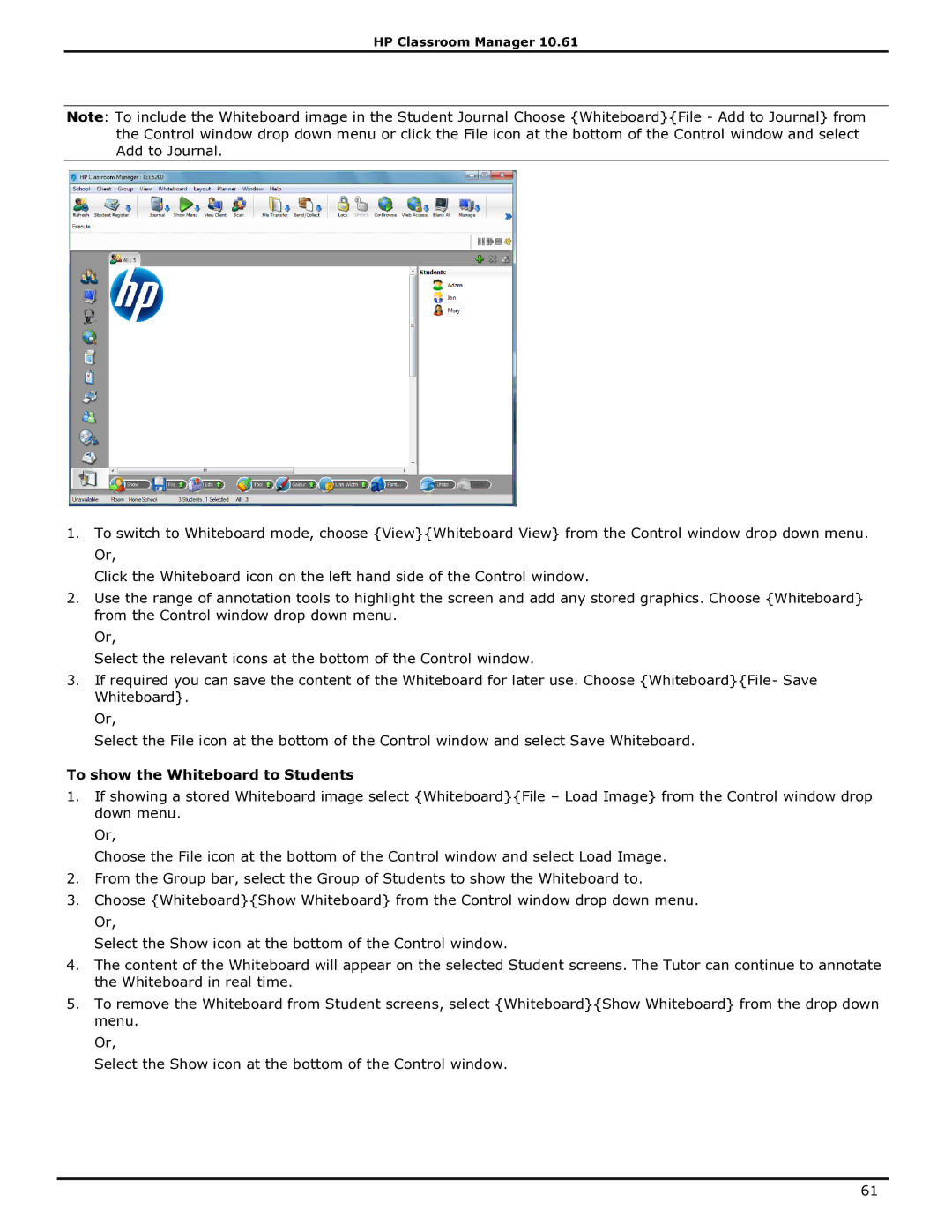 HP Classroom Manager manual To show the Whiteboard to Students 