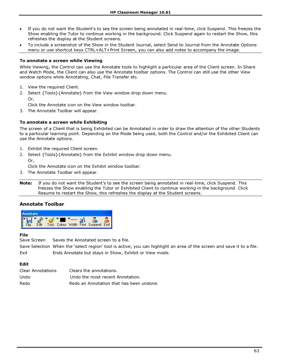 HP Classroom Manager Annotate Toolbar, To annotate a screen while Viewing, To annotate a screen while Exhibiting, File 