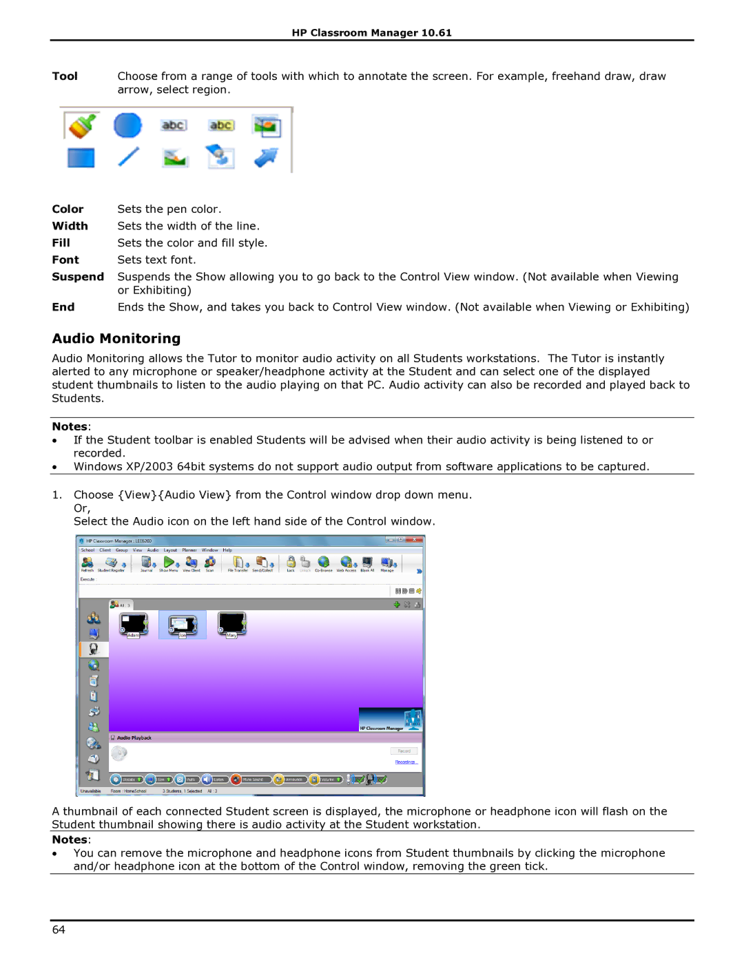 HP Classroom Manager manual Audio Monitoring 