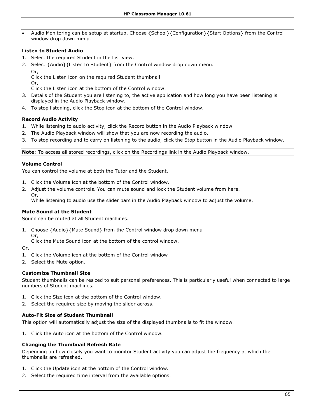 HP Classroom Manager manual Listen to Student Audio, Record Audio Activity, Volume Control, Mute Sound at the Student 