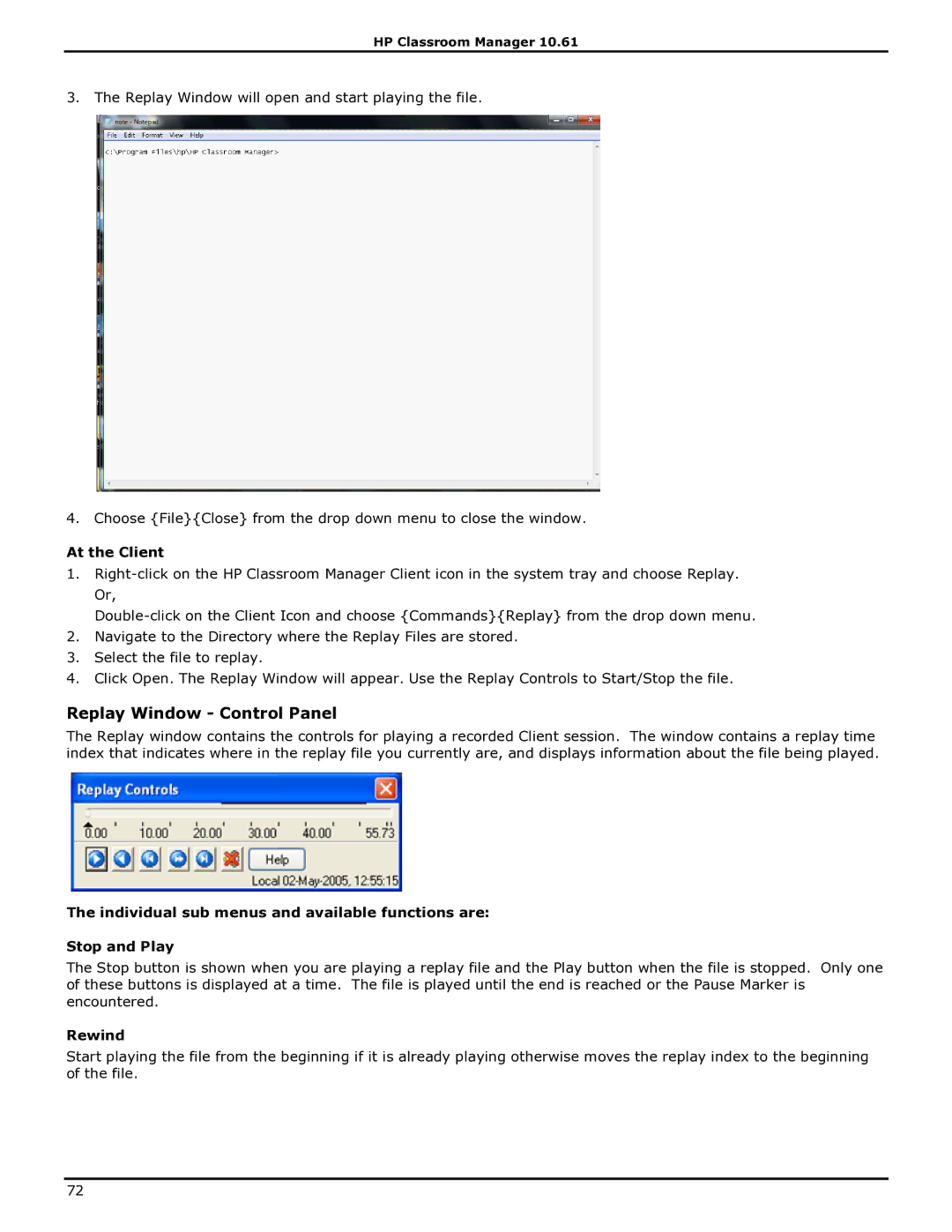 HP Classroom Manager manual Replay Window Control Panel, At the Client, Rewind 