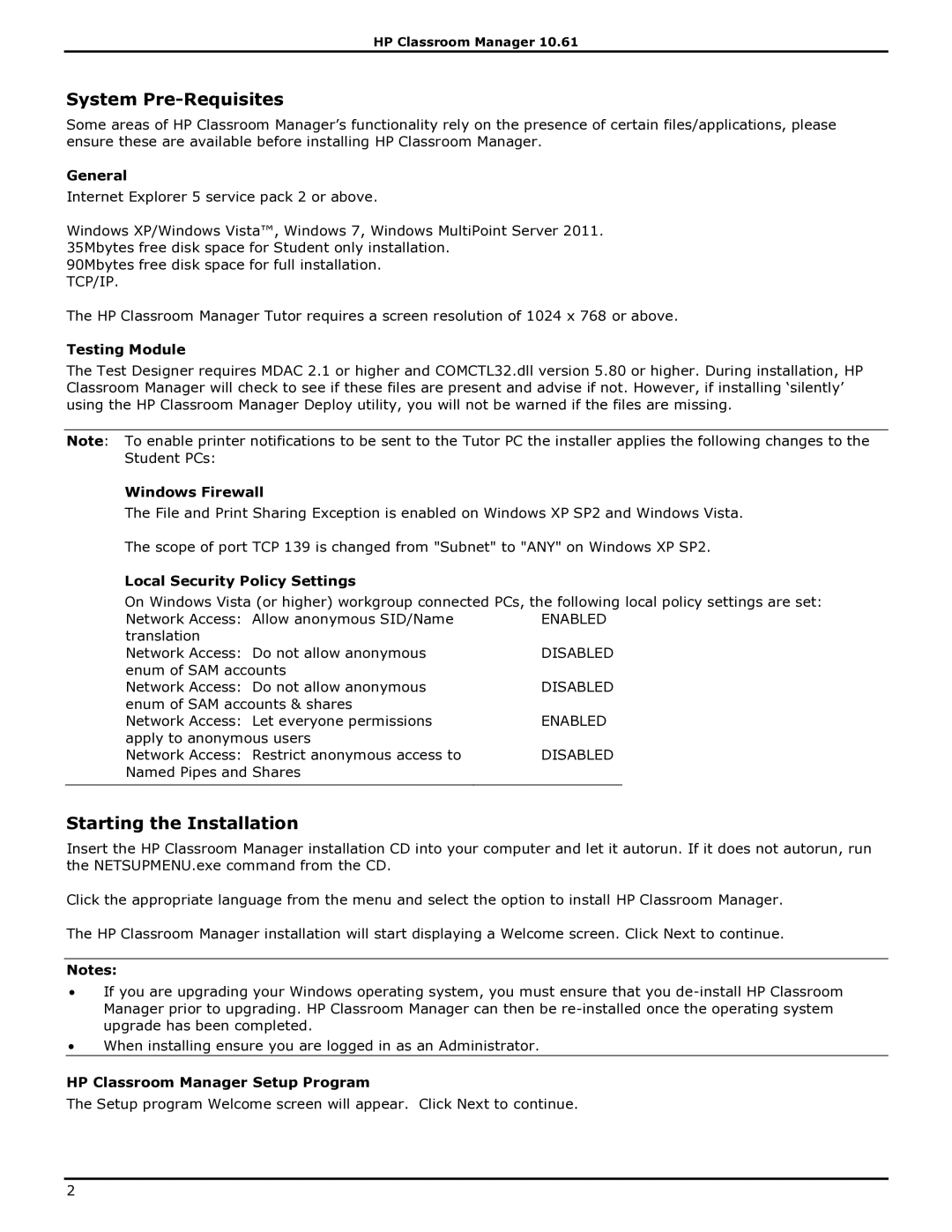 HP Classroom Manager manual System Pre-Requisites, Starting the Installation 