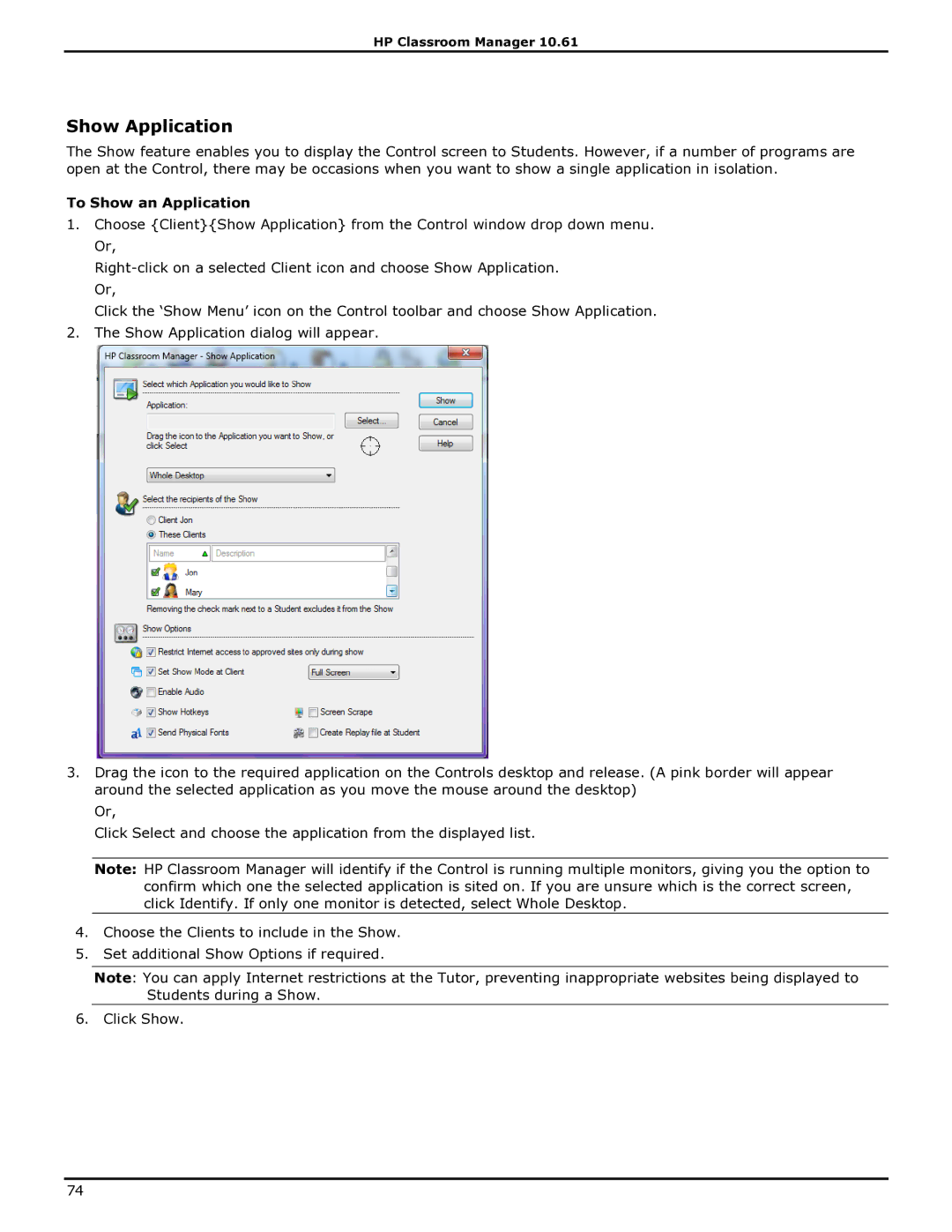 HP Classroom Manager manual Show Application, To Show an Application 