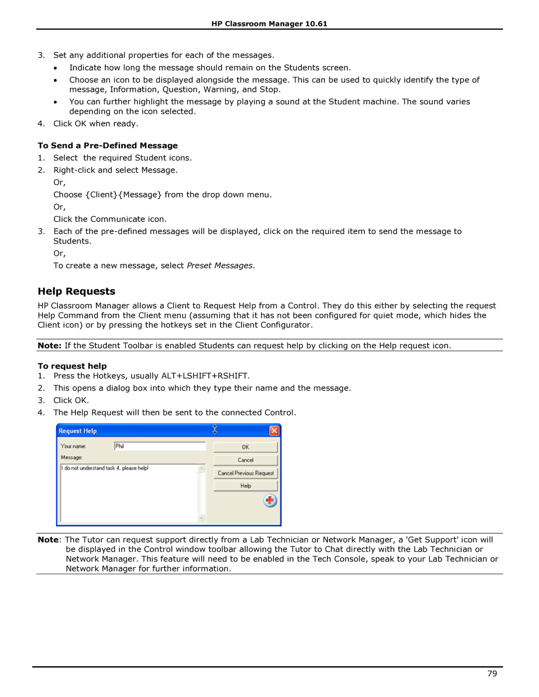 HP Classroom Manager manual Help Requests, To Send a Pre-Defined Message, To request help 