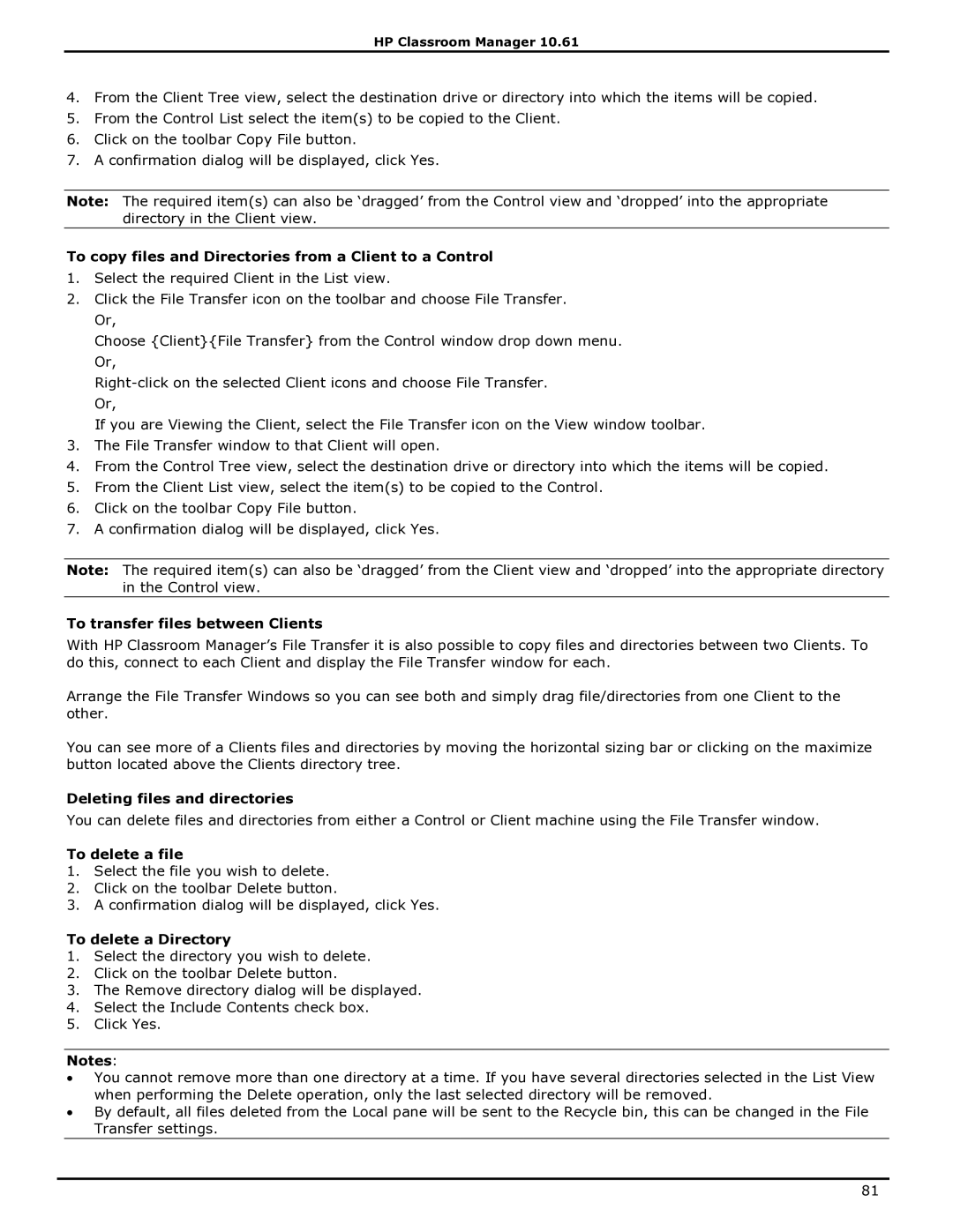 HP Classroom Manager manual To copy files and Directories from a Client to a Control, To transfer files between Clients 