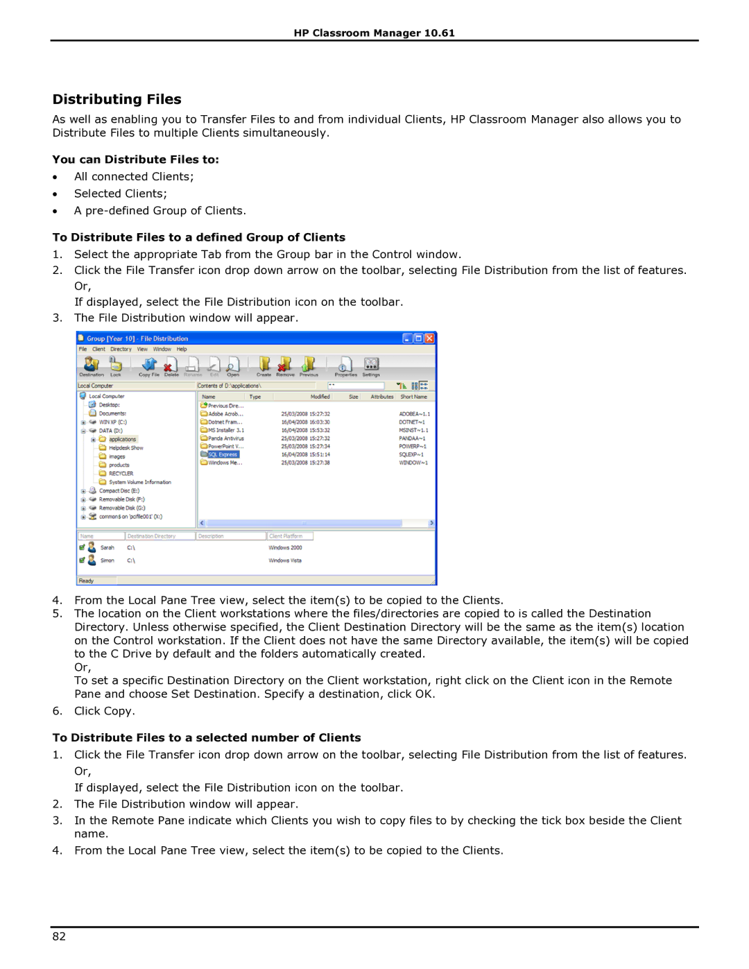 HP Classroom Manager Distributing Files, You can Distribute Files to, To Distribute Files to a defined Group of Clients 