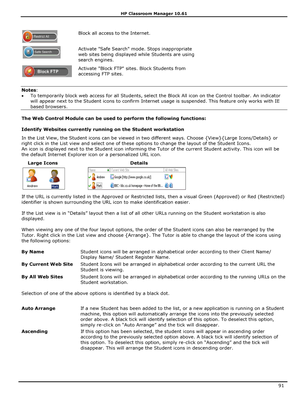 HP Classroom Manager manual Large Icons Details, By Name, Auto Arrange, Ascending 