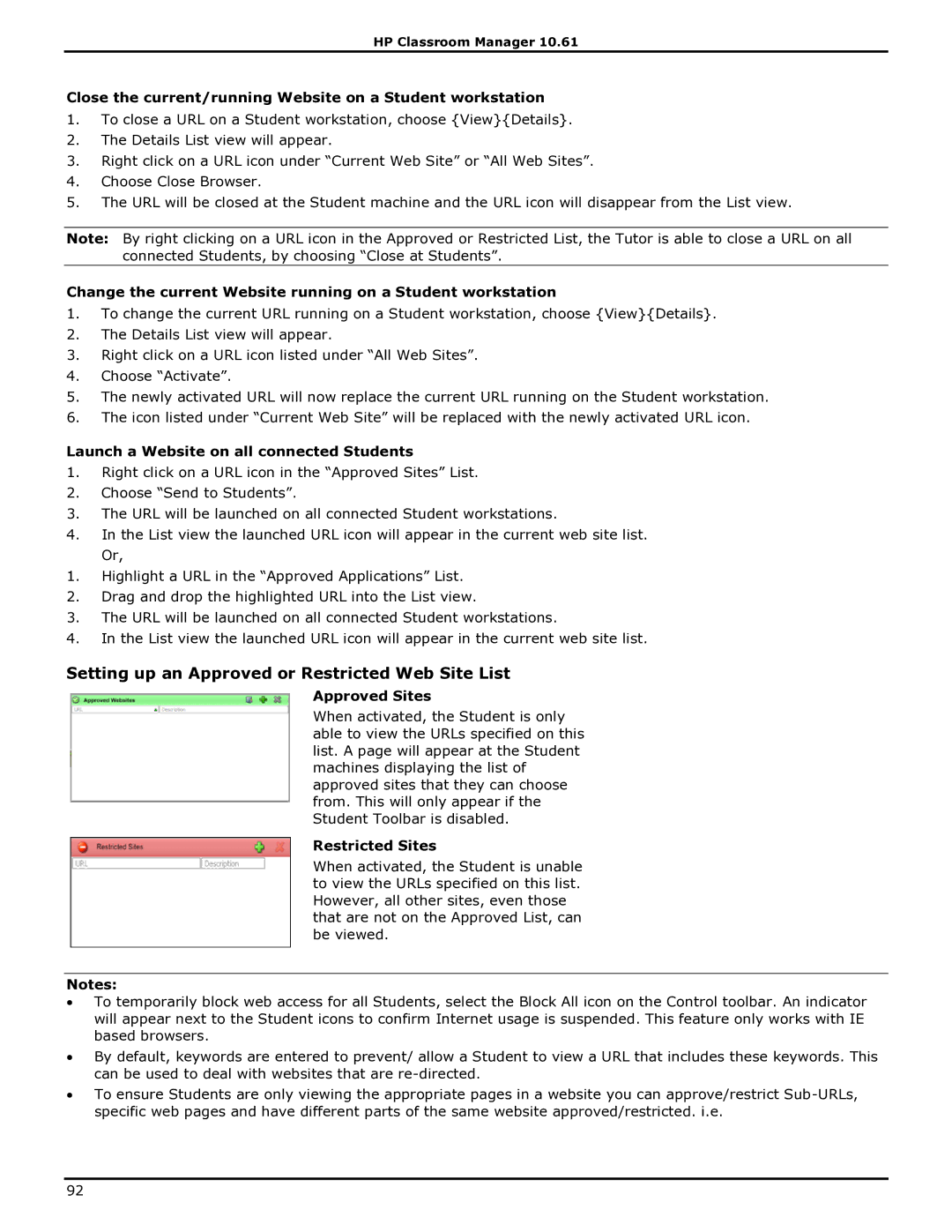 HP Classroom Manager manual Setting up an Approved or Restricted Web Site List 