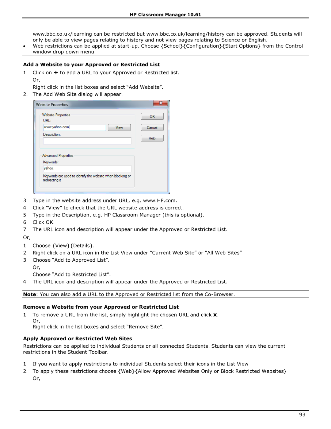 HP Classroom Manager manual Add a Website to your Approved or Restricted List, Apply Approved or Restricted Web Sites 