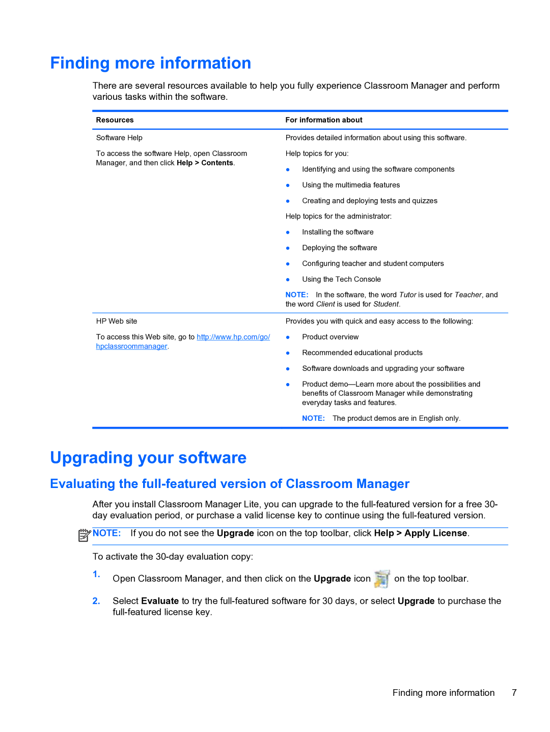 HP Classroom Manager manual Finding more information, Upgrading your software, Resources For information about 