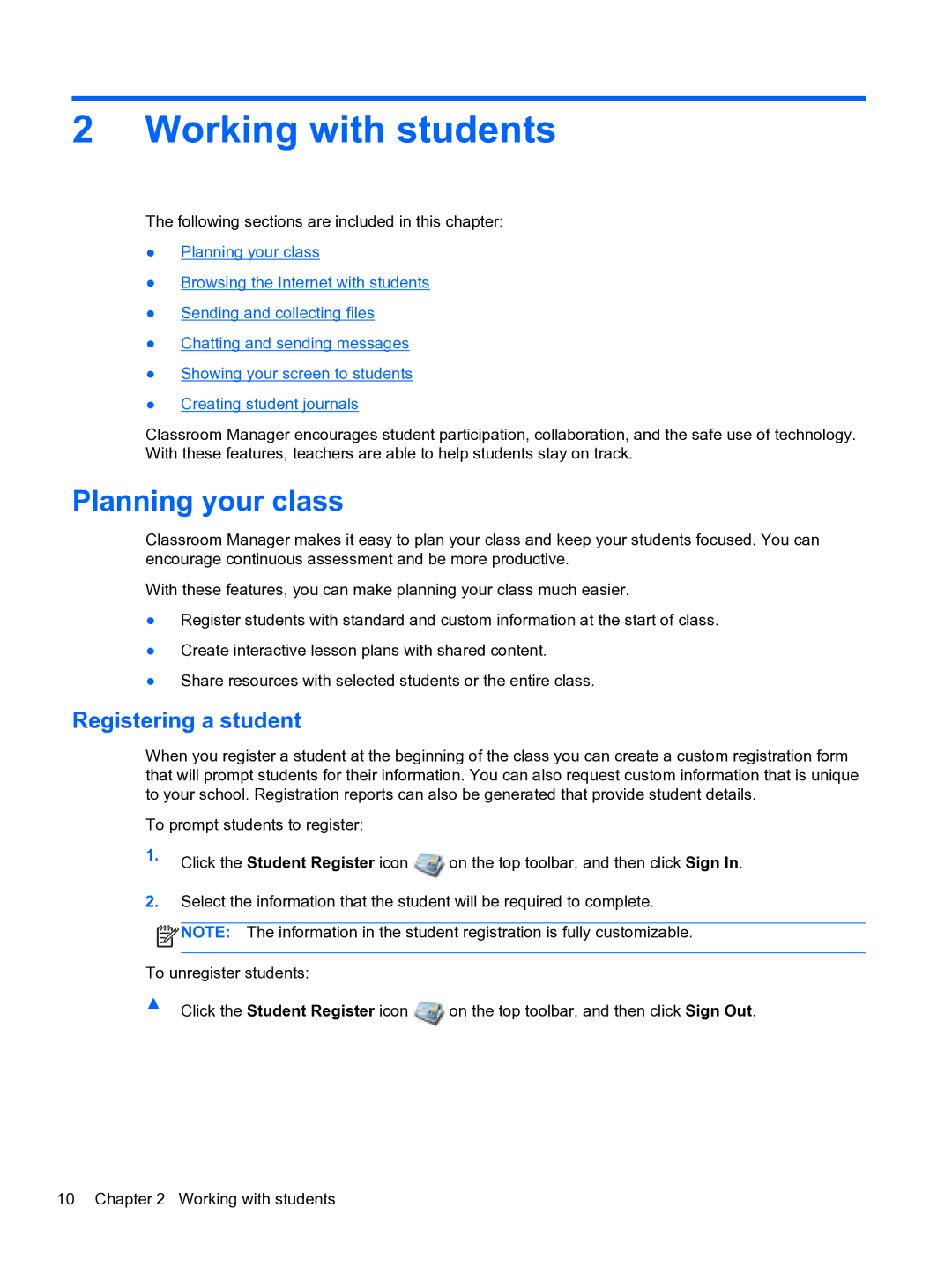 HP Classroom Manager manual Working with students, Planning your class, Registering a student 