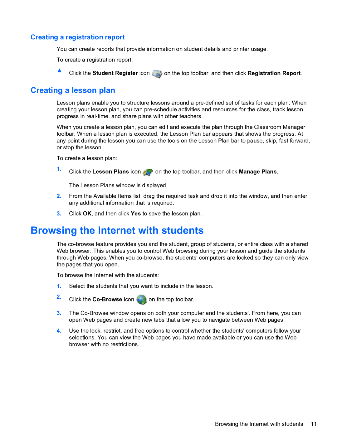 HP Classroom Manager manual Browsing the Internet with students, Creating a lesson plan 