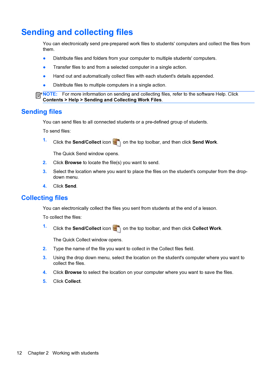 HP Classroom Manager manual Sending and collecting files, Sending files, Collecting files 