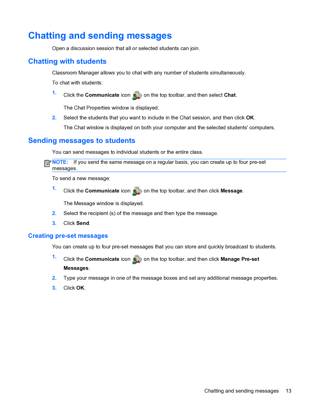 HP Classroom Manager manual Chatting and sending messages, Chatting with students, Sending messages to students 