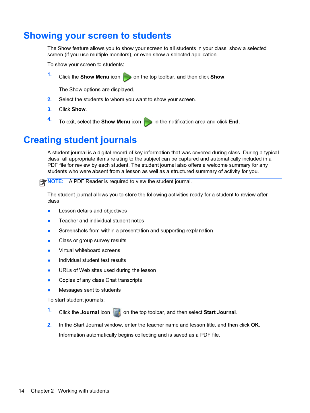 HP Classroom Manager manual Showing your screen to students, Creating student journals 