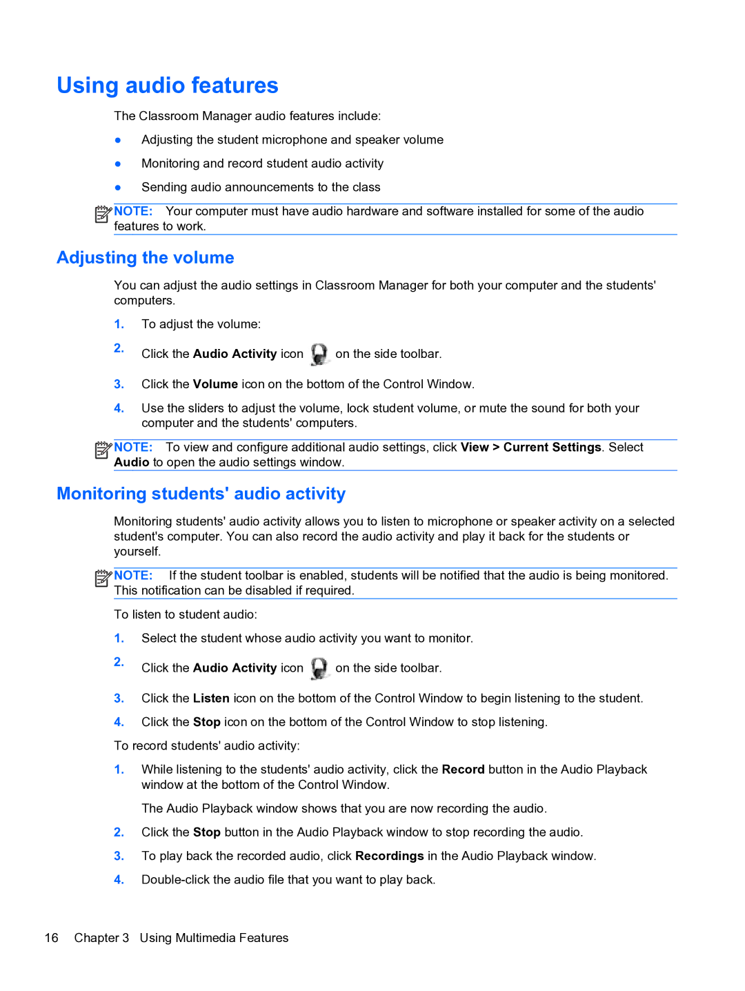 HP Classroom Manager manual Using audio features, Adjusting the volume, Monitoring students audio activity 