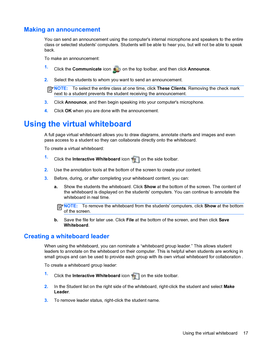 HP Classroom Manager manual Using the virtual whiteboard, Making an announcement, Creating a whiteboard leader 