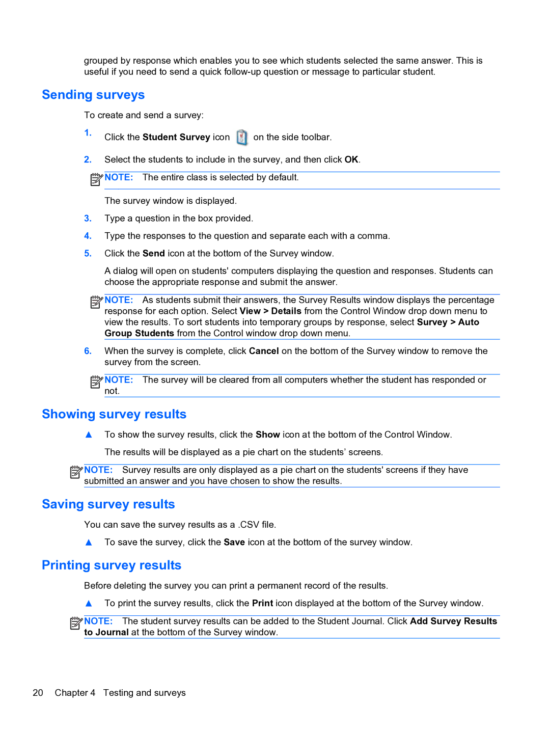 HP Classroom Manager manual Sending surveys, Showing survey results, Saving survey results, Printing survey results 