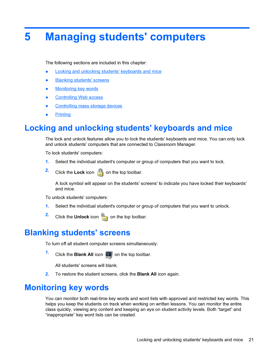 HP Classroom Manager Managing students computers, Locking and unlocking students keyboards and mice, Monitoring key words 