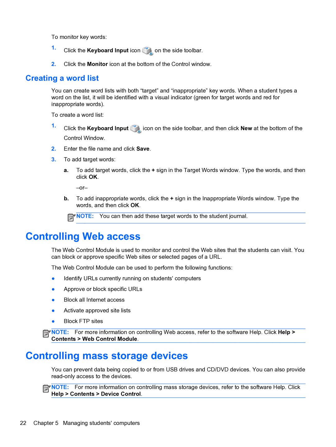 HP Classroom Manager manual Controlling Web access, Controlling mass storage devices, Creating a word list 