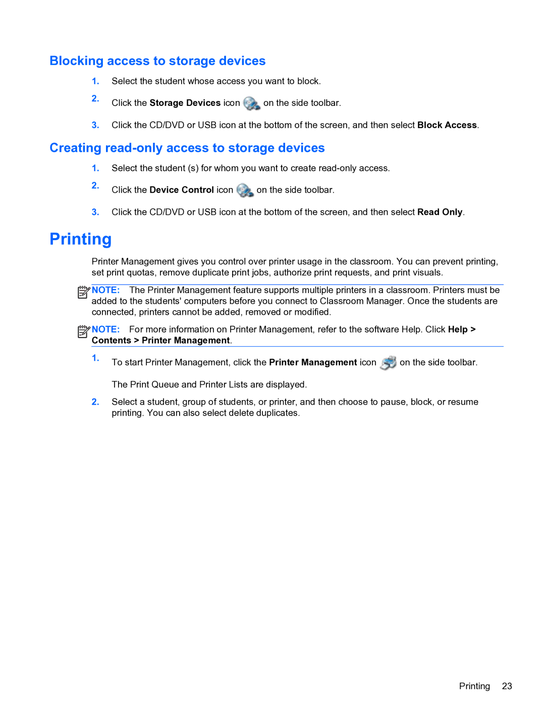 HP Classroom Manager manual Printing, Blocking access to storage devices, Creating read-only access to storage devices 