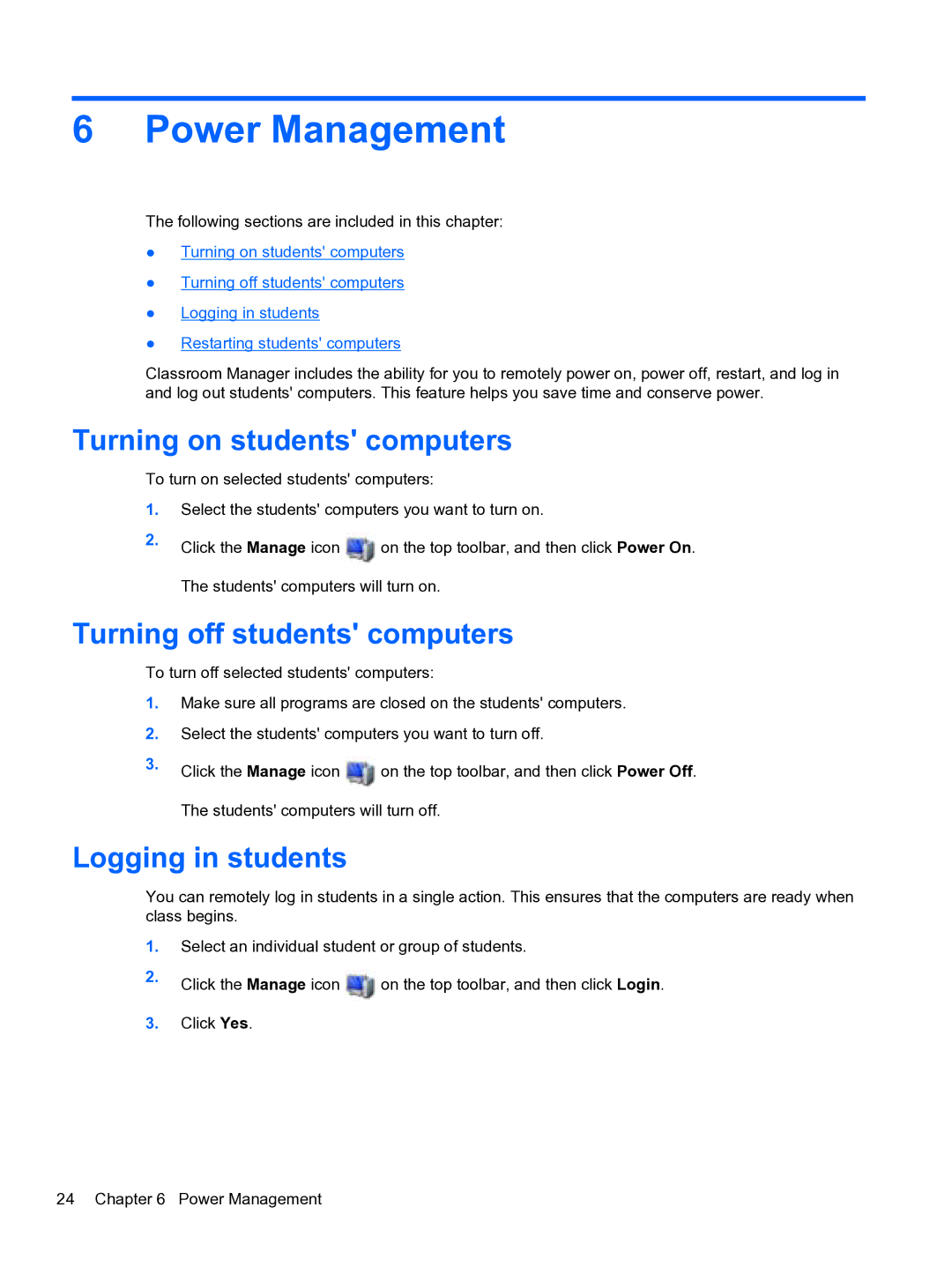 HP Classroom Manager Power Management, Turning on students computers, Turning off students computers, Logging in students 