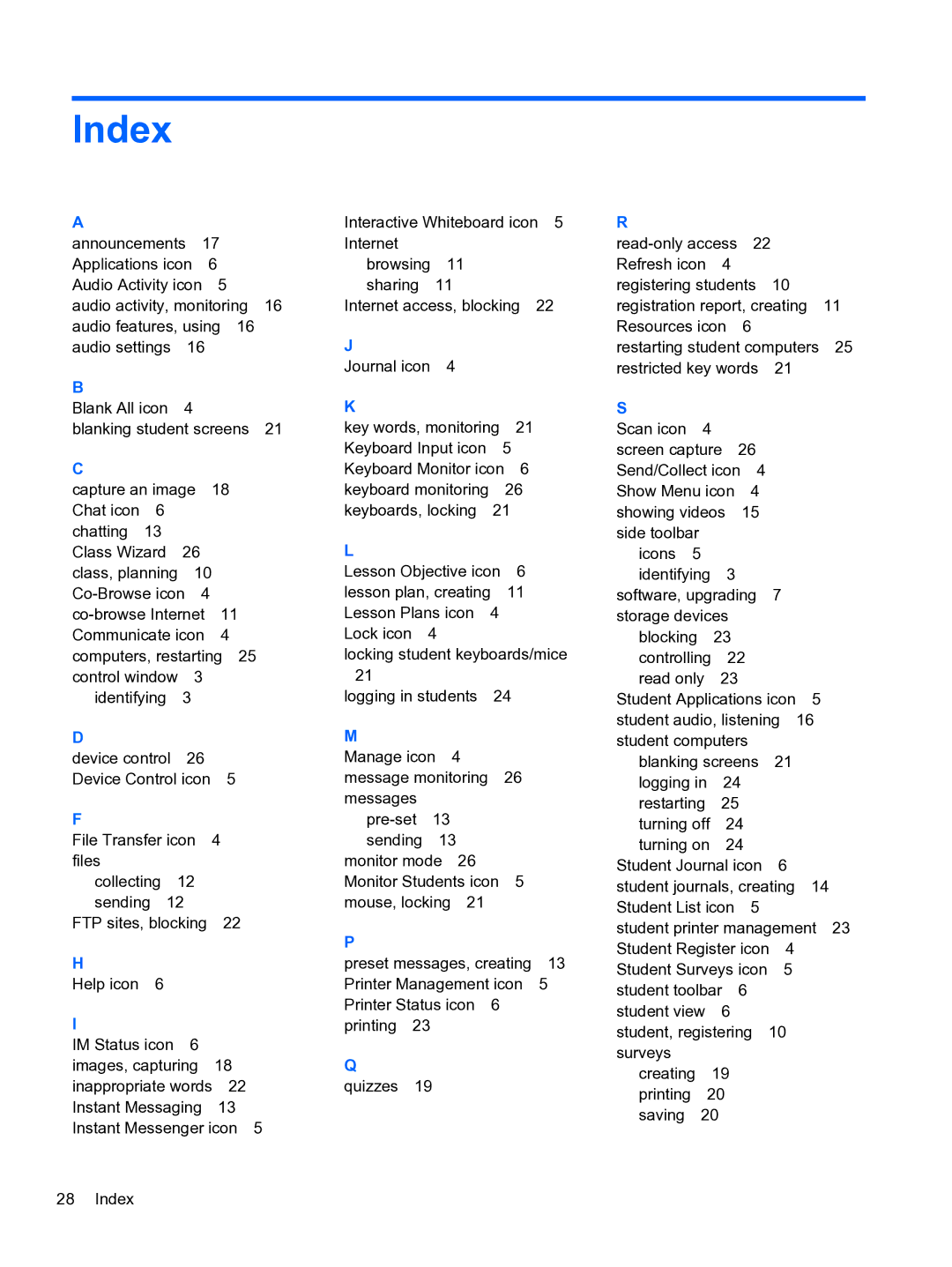 HP Classroom Manager manual Index 