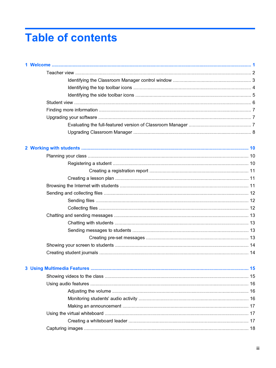 HP Classroom Manager manual Table of contents 