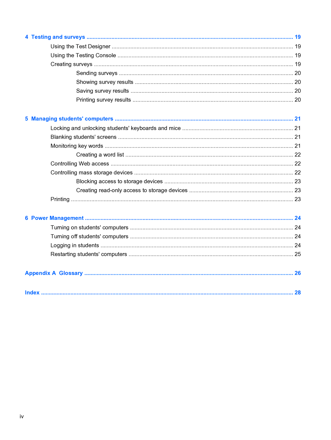 HP Classroom Manager manual Testing and surveys 