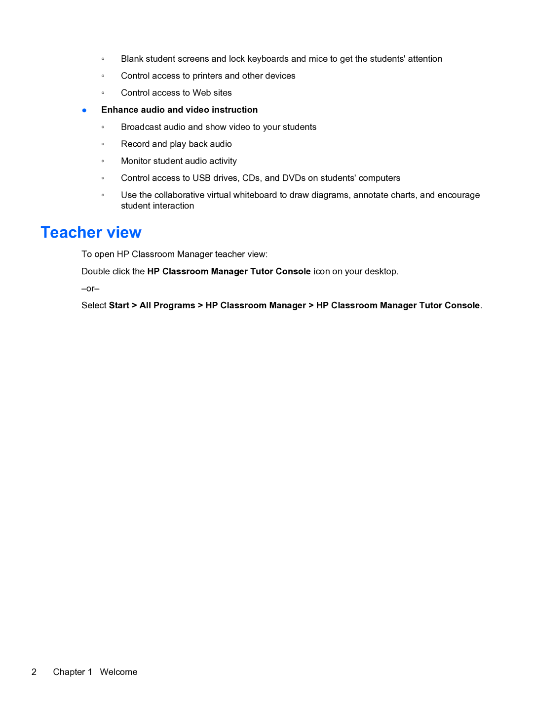 HP Classroom Manager manual Teacher view, Enhance audio and video instruction 