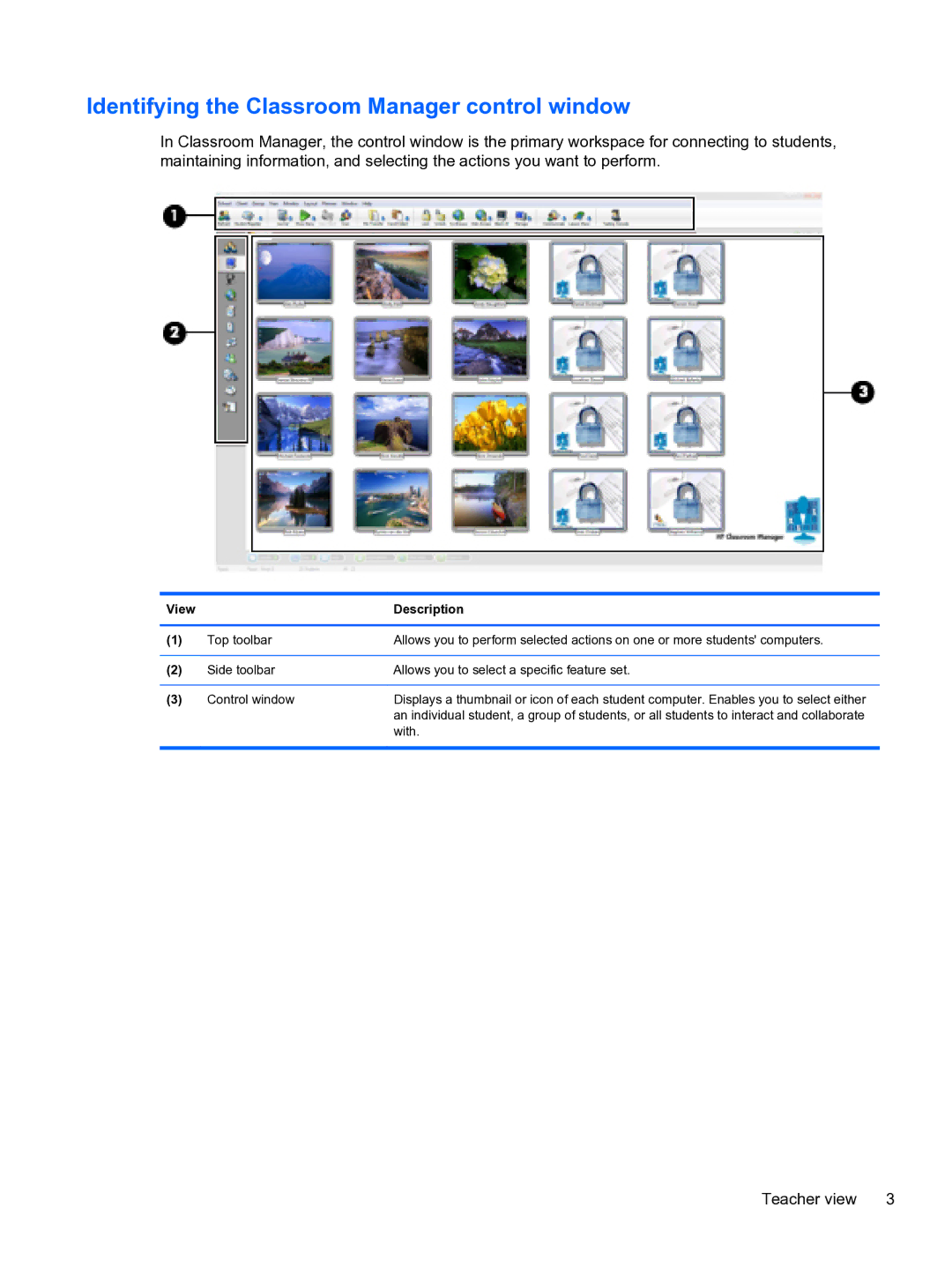 HP manual Identifying the Classroom Manager control window, View Description 