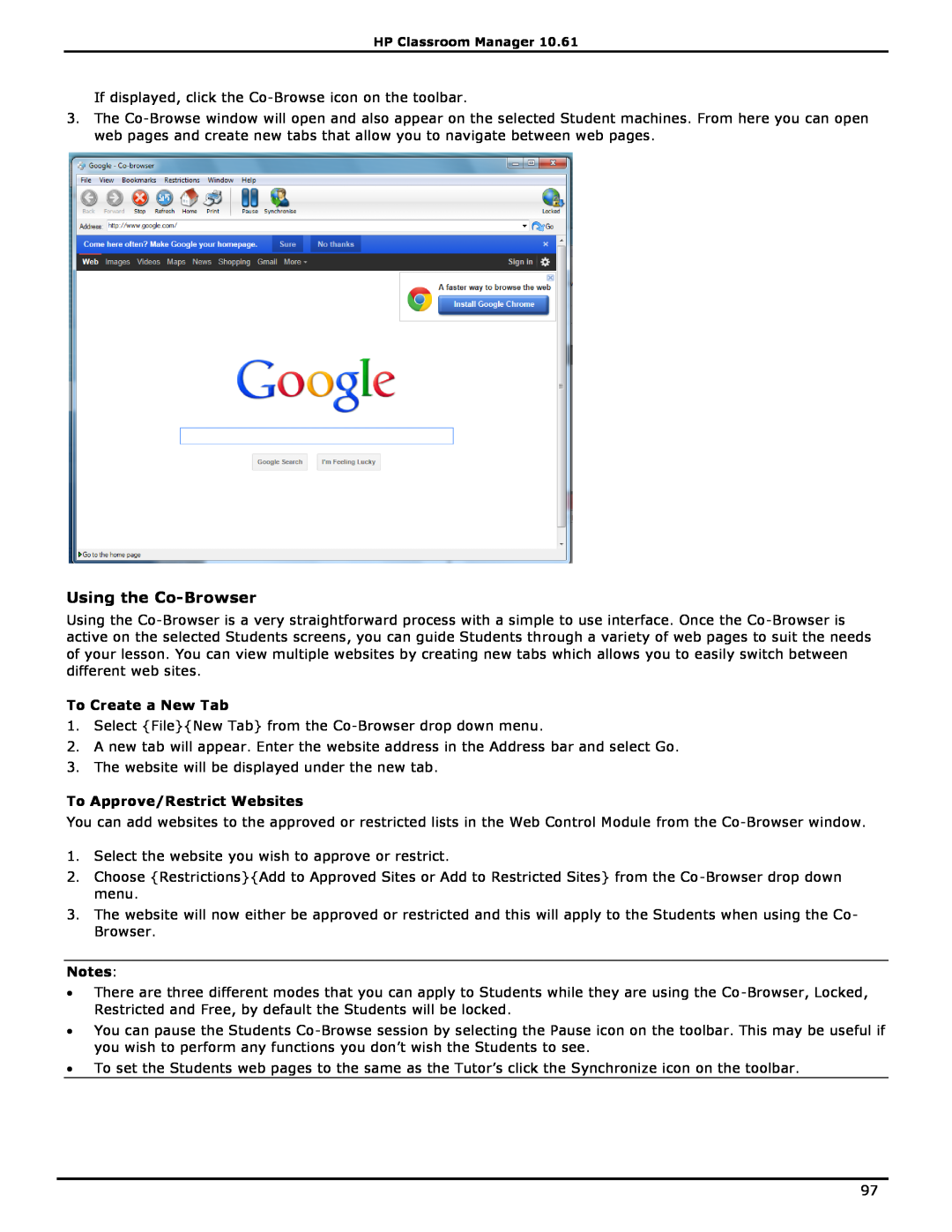 HP Classroom Manager manual Using the Co-Browser, To Create a New Tab, To Approve/Restrict Websites 