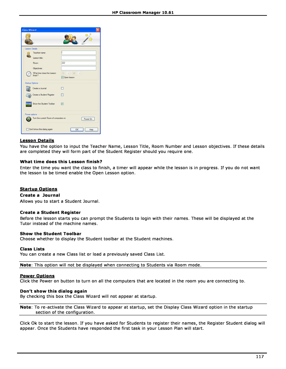 HP Classroom Manager Lesson Details, What time does this Lesson finish?, Startup Options Create a Journal, Class Lists 