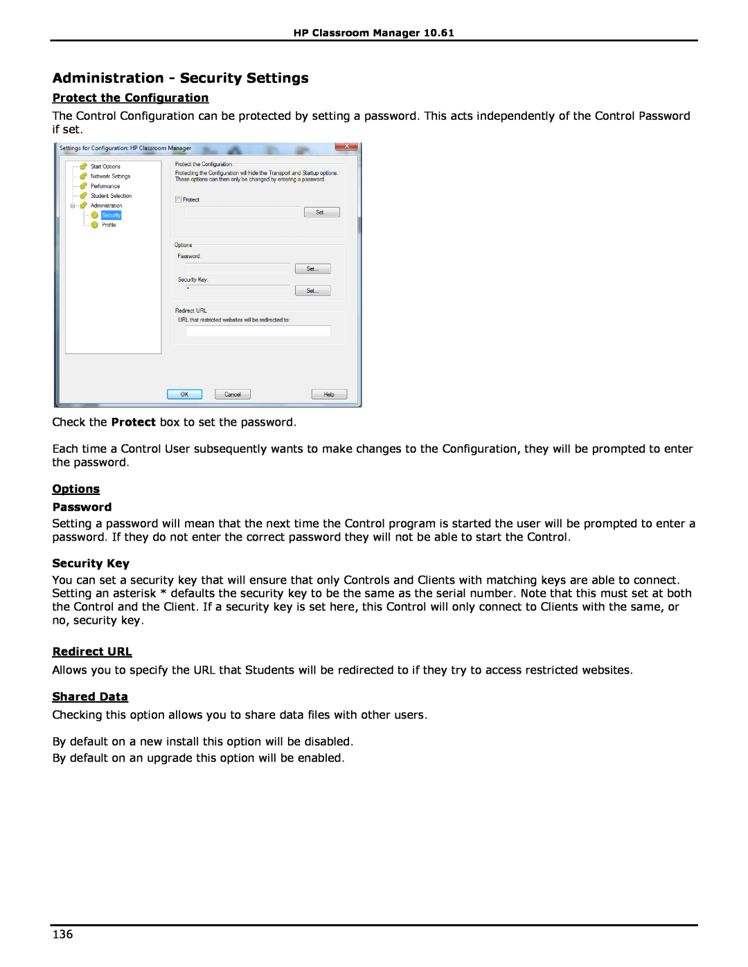 HP Classroom Manager manual Administration - Security Settings, Protect the Configuration, Options Password, Security Key 