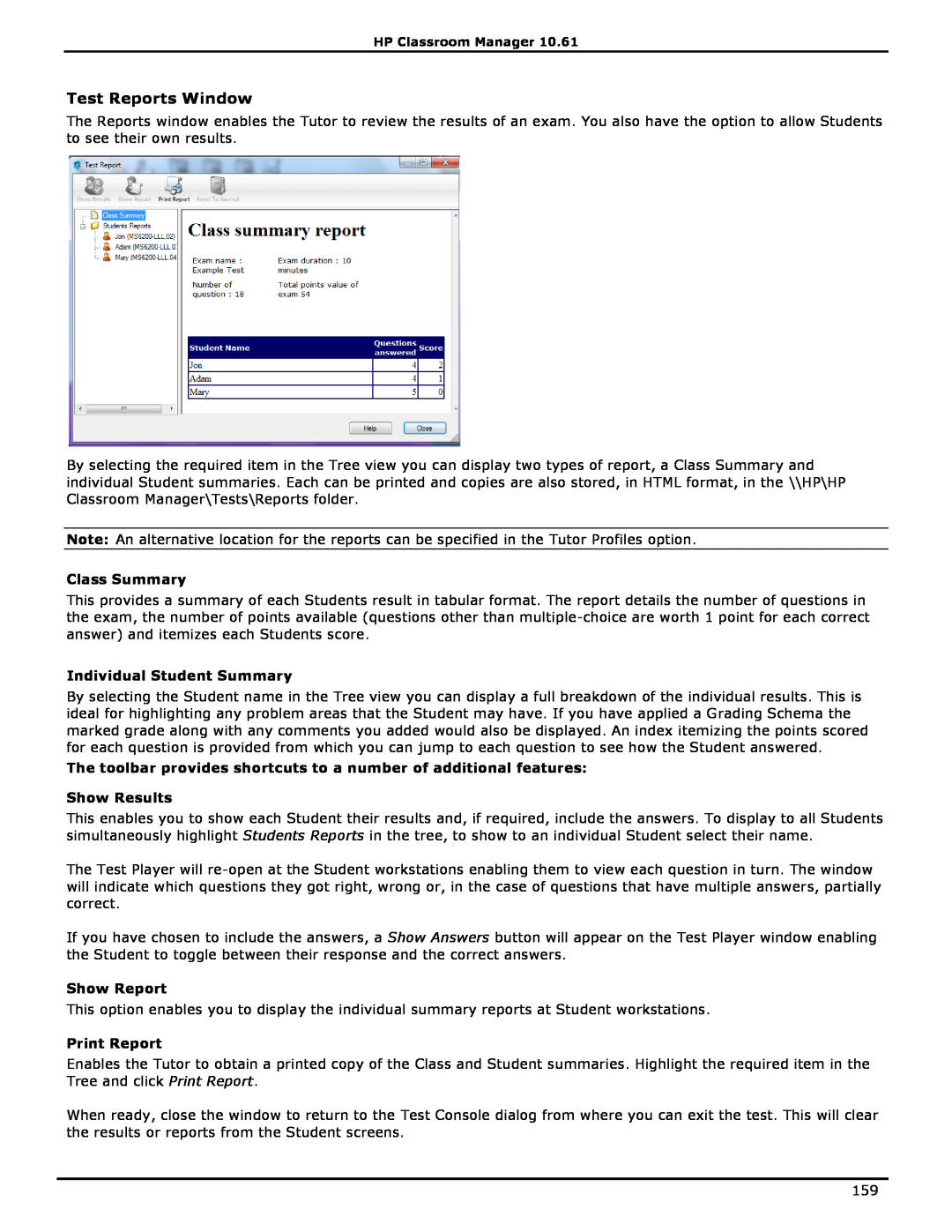 HP Classroom Manager manual Test Reports Window, Class Summary, Individual Student Summary, Show Results, Show Report 