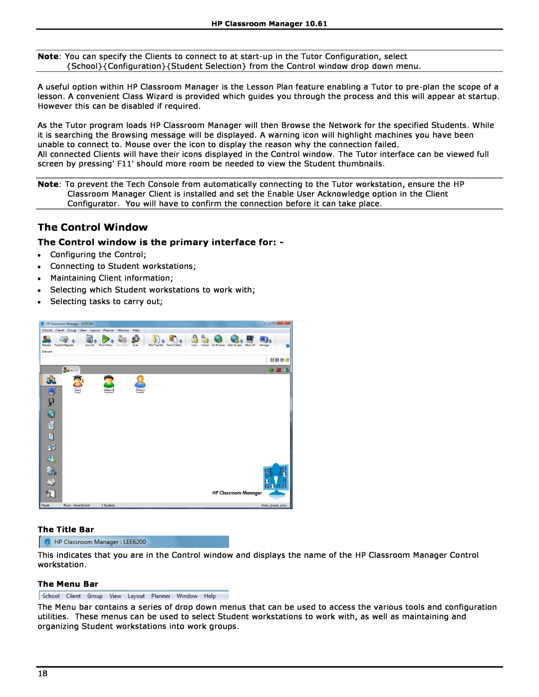 HP Classroom Manager The Control Window, The Control window is the primary interface for, The Title Bar, The Menu Bar 