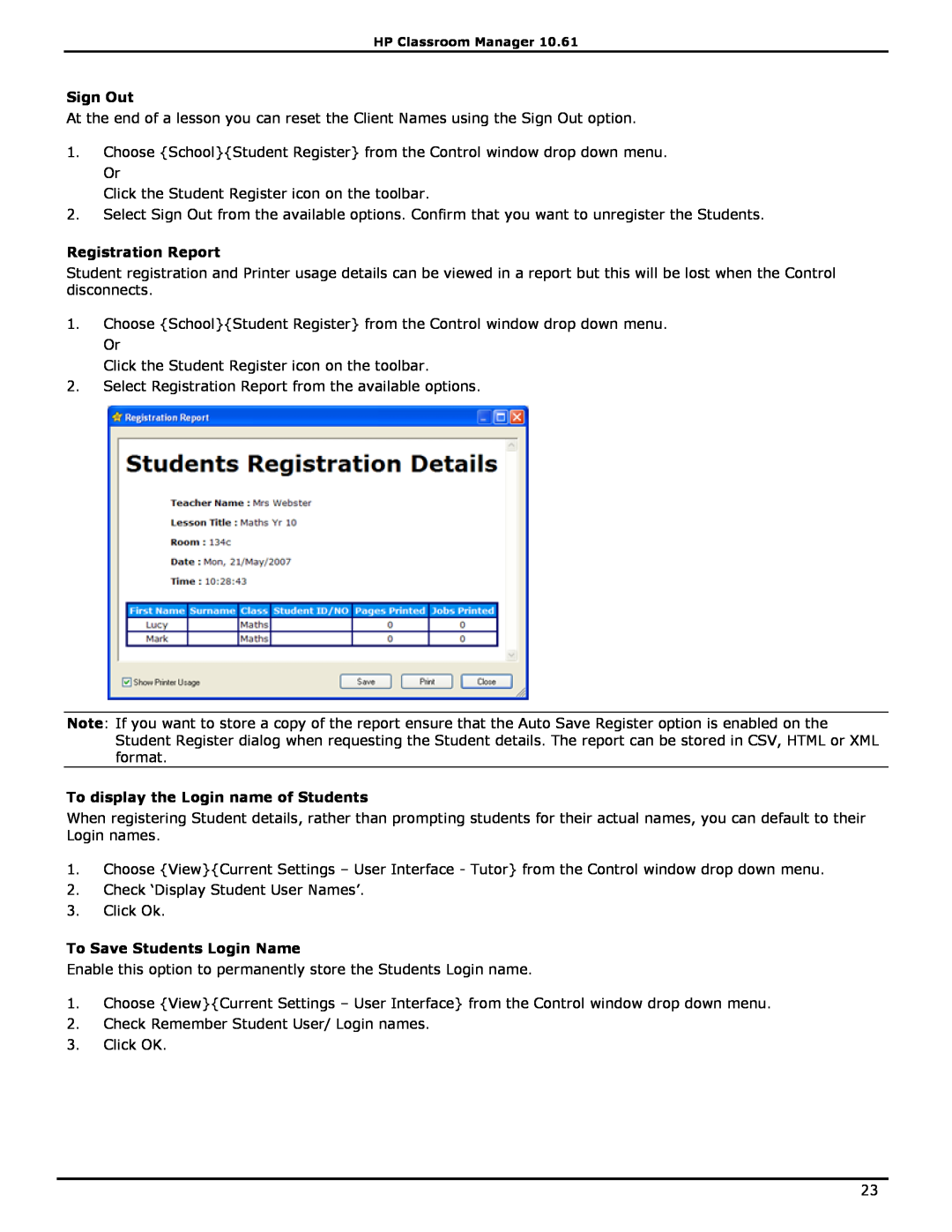 HP Classroom Manager Sign Out, Registration Report, To display the Login name of Students, To Save Students Login Name 