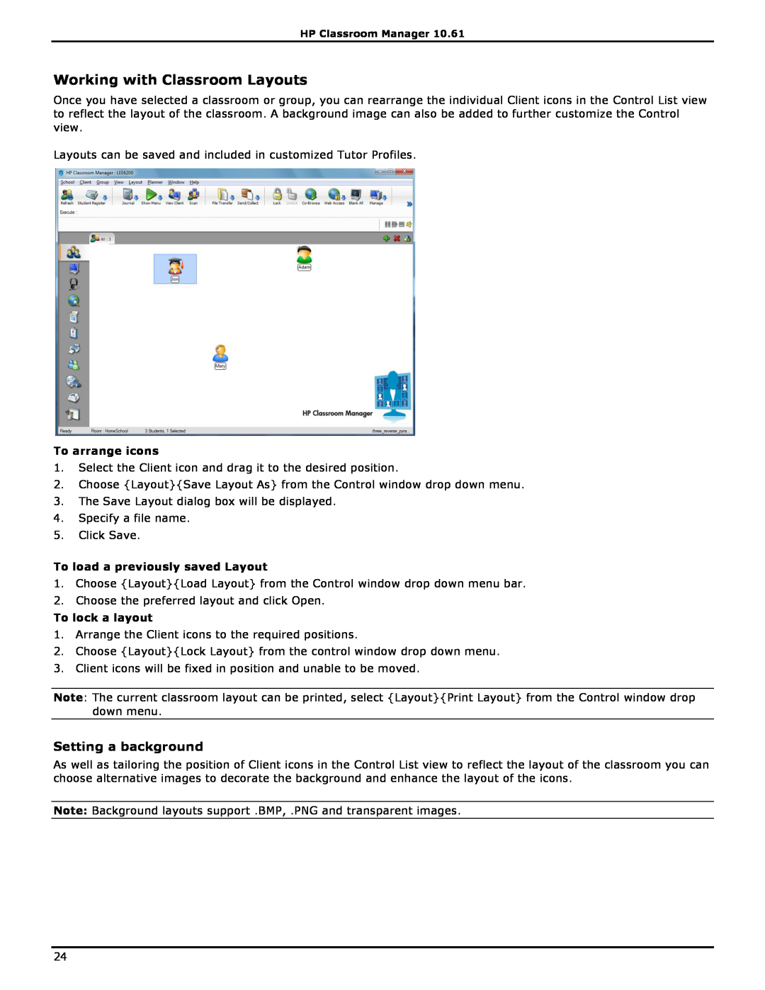 HP Classroom Manager manual Working with Classroom Layouts, Setting a background, To arrange icons, To lock a layout 