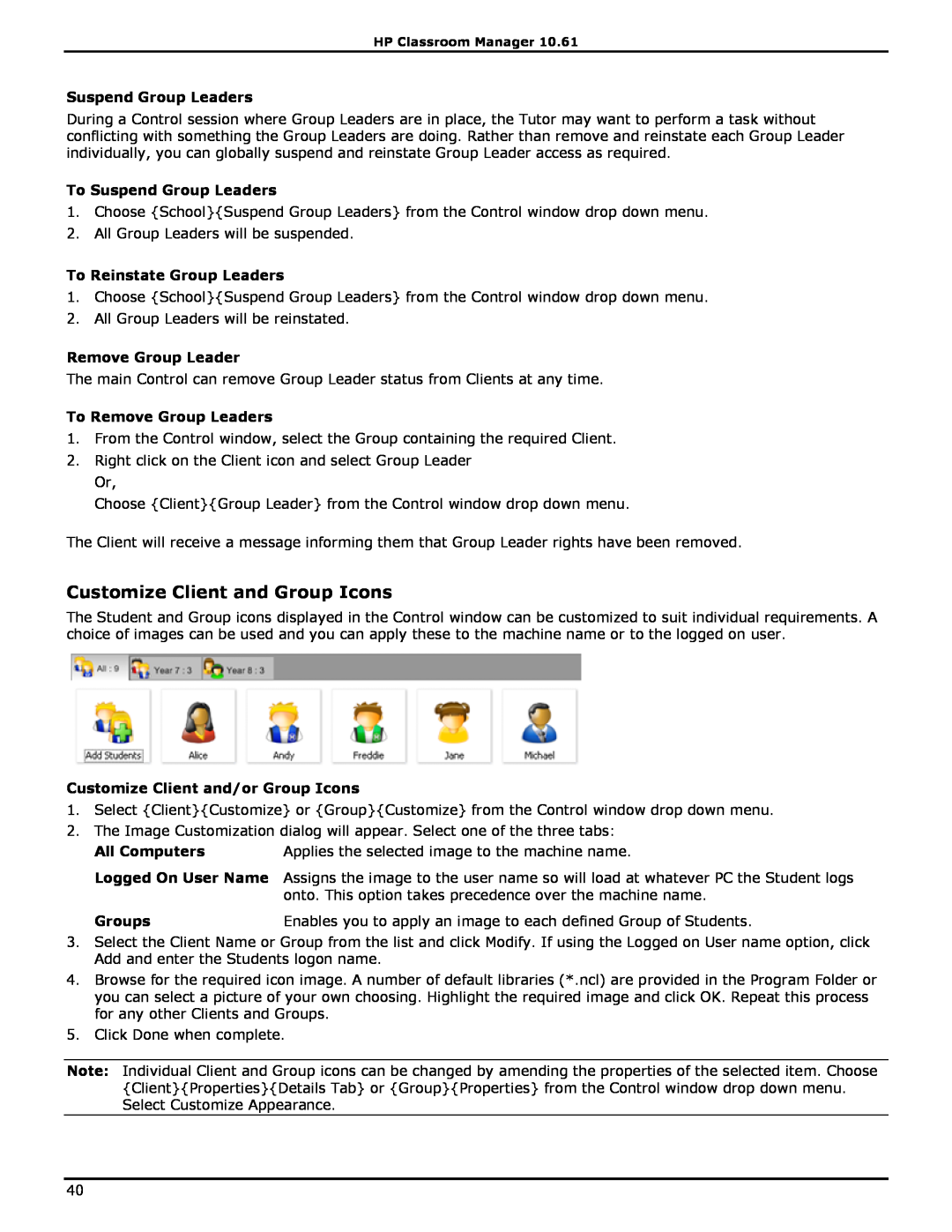 HP Classroom Manager Customize Client and Group Icons, To Suspend Group Leaders, To Reinstate Group Leaders, Groups 