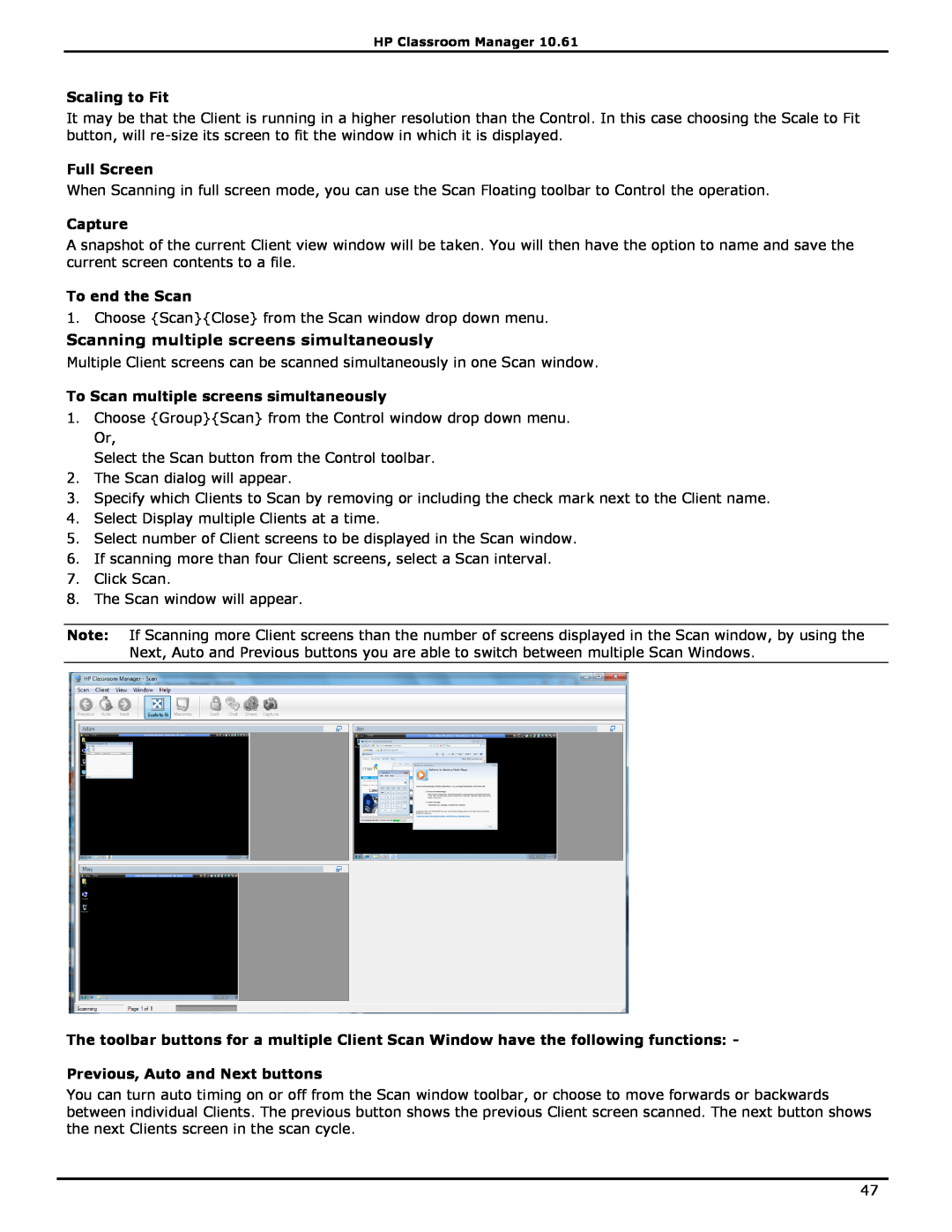 HP Classroom Manager manual Scanning multiple screens simultaneously, Scaling to Fit, Full Screen, Capture, To end the Scan 