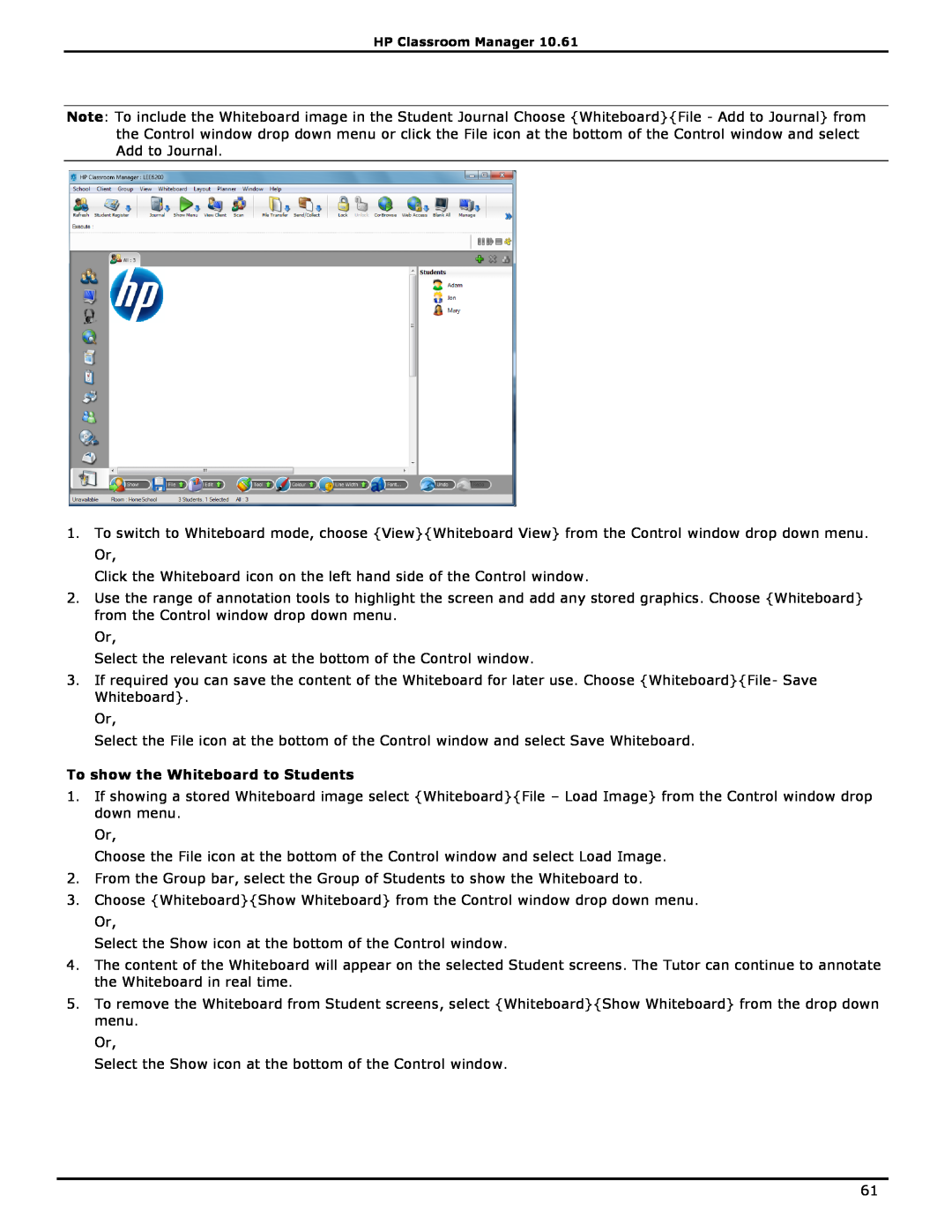 HP Classroom Manager manual To show the Whiteboard to Students 