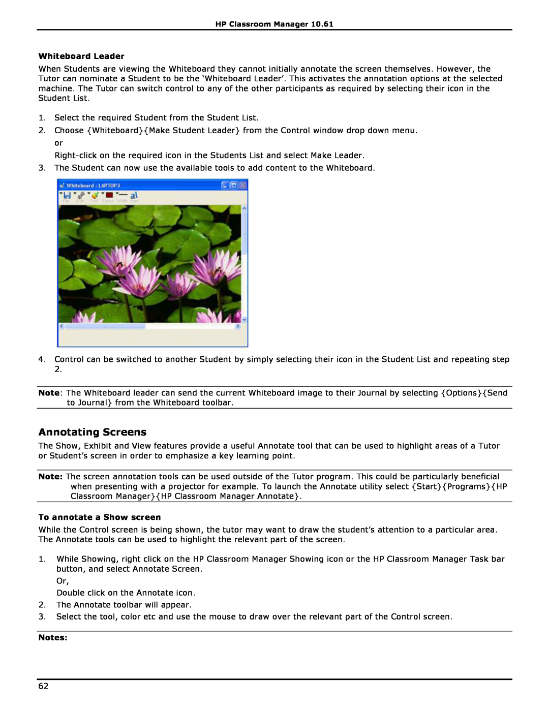 HP Classroom Manager manual Annotating Screens, Whiteboard Leader, To annotate a Show screen 
