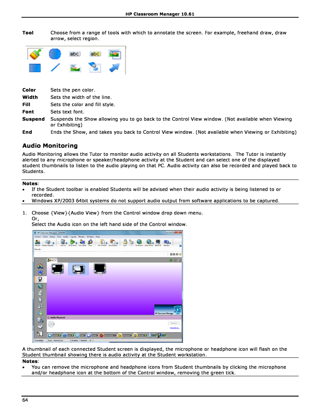 HP Classroom Manager Audio Monitoring, Color, Sets the pen color, Width, Sets the width of the line, Fill, Font, Suspend 