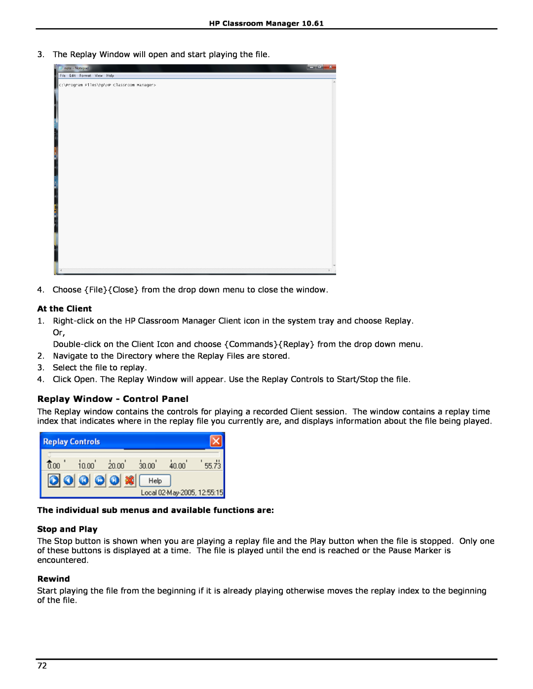 HP Classroom Manager manual Replay Window - Control Panel, At the Client, Rewind 