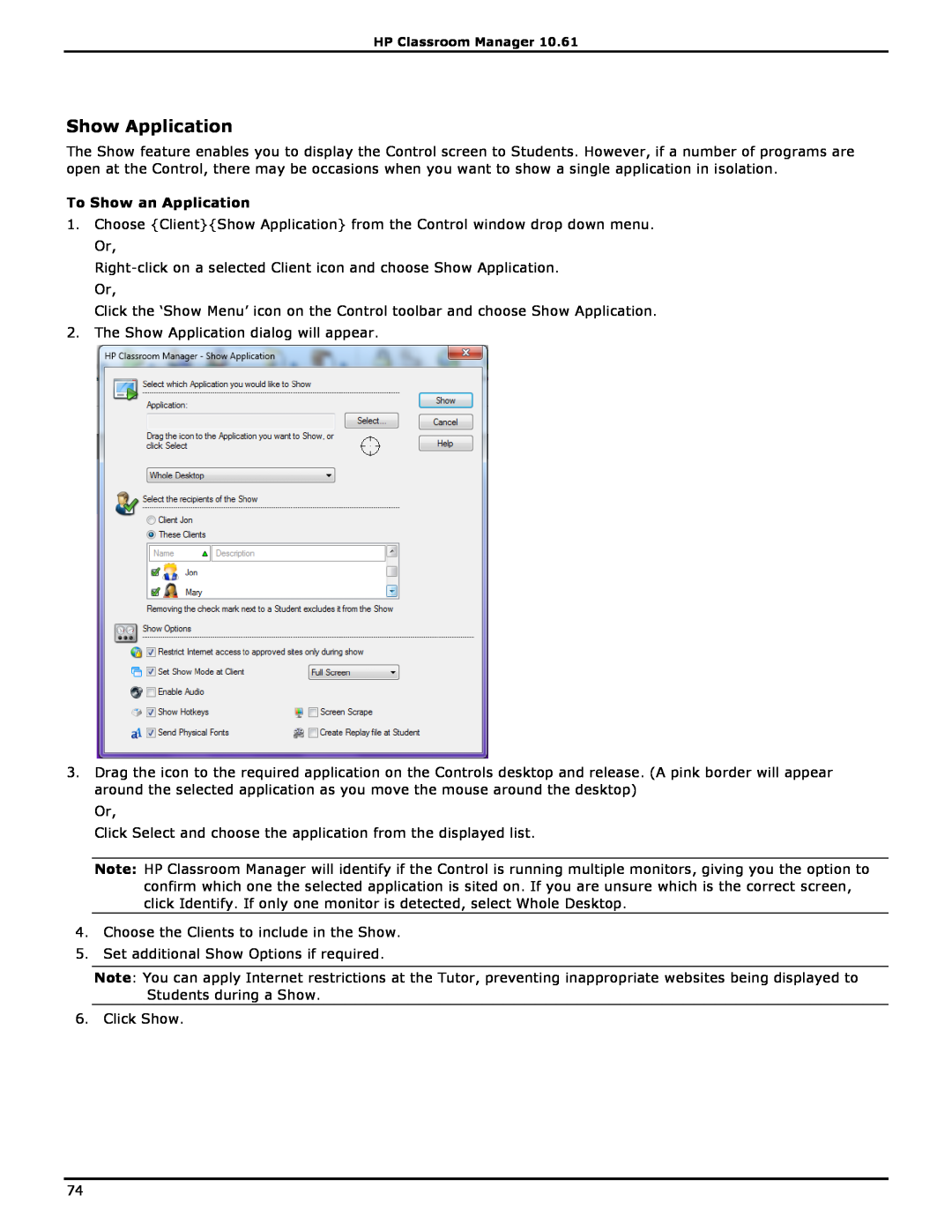HP Classroom Manager manual Show Application, To Show an Application 