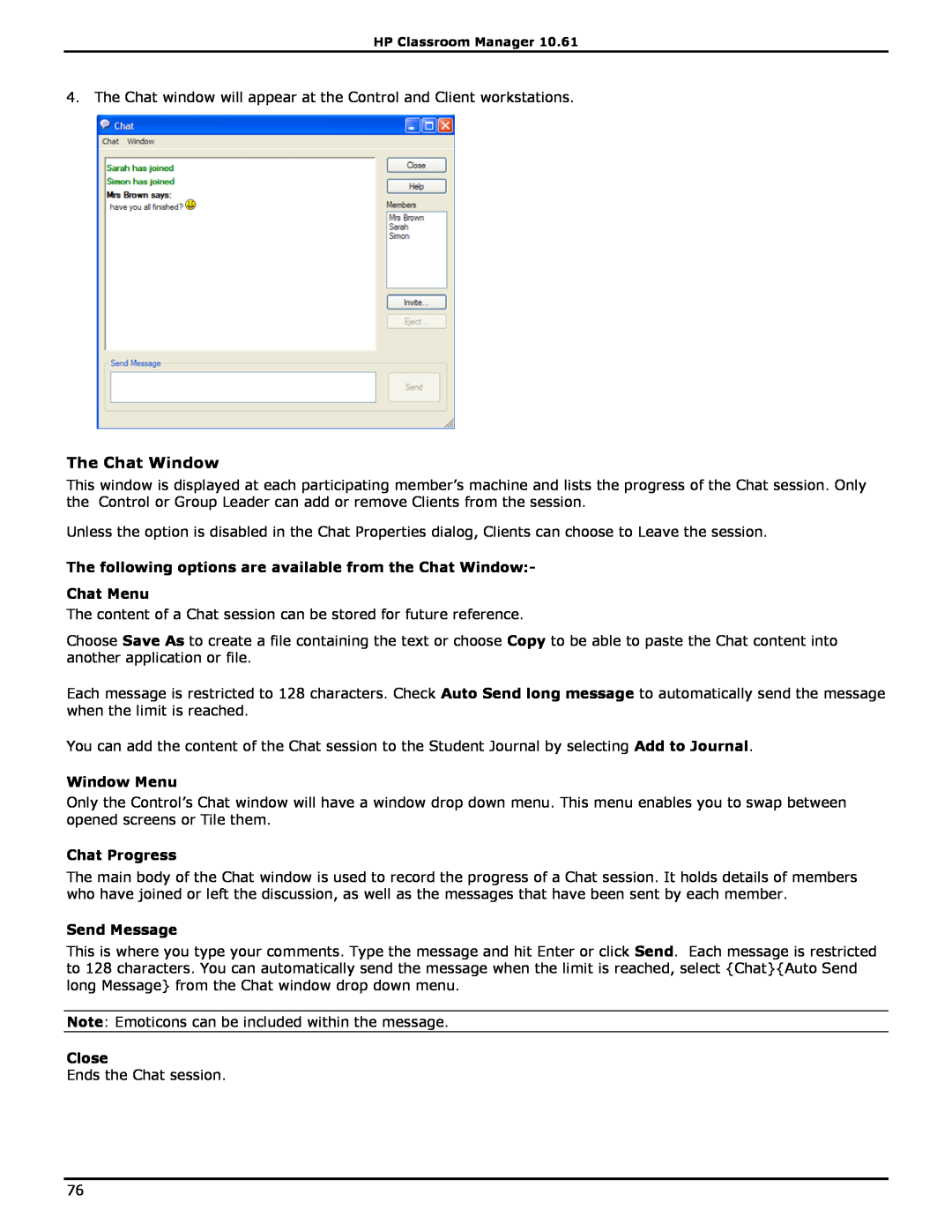 HP Classroom Manager The Chat Window, The following options are available from the Chat Window Chat Menu, Window Menu 