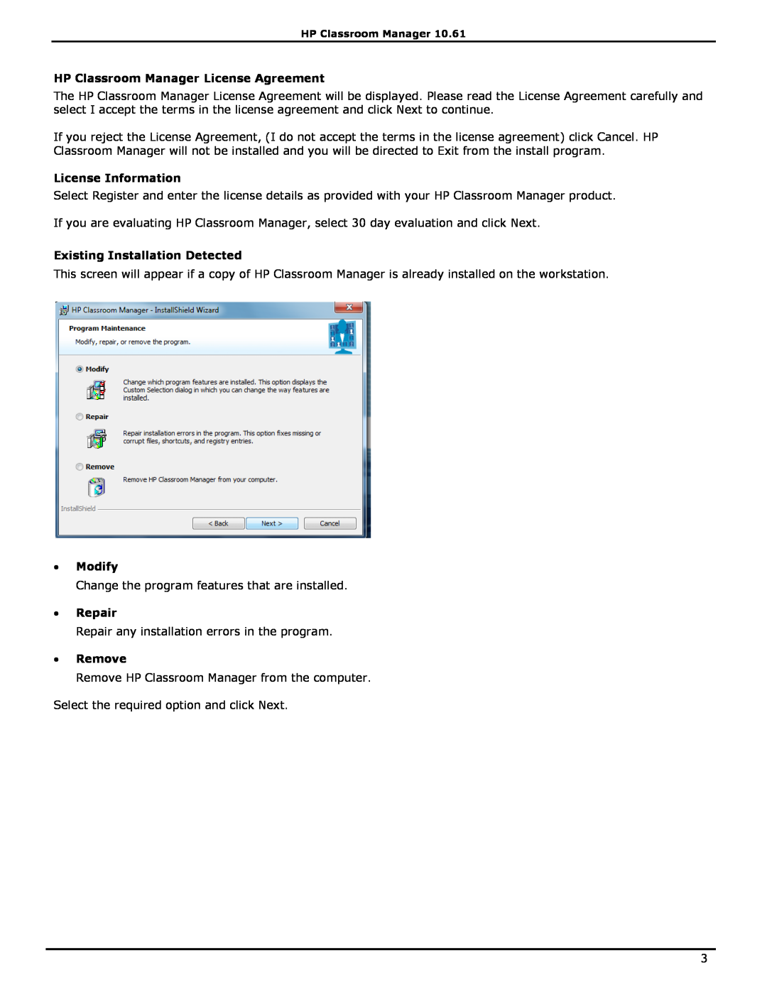 HP HP Classroom Manager License Agreement, License Information, Existing Installation Detected, ∙ Modify, ∙ Repair 