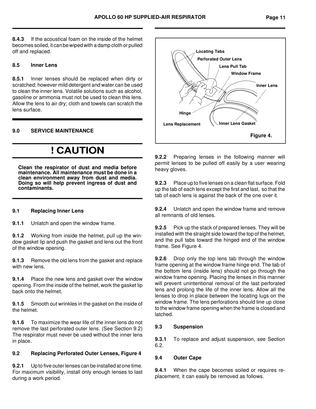 HP Clemco O.M. 10533, Clemco 60 Inner Lens, Service Maintenance, Replacing Perforated Outer Lenses, Figure, Suspension 