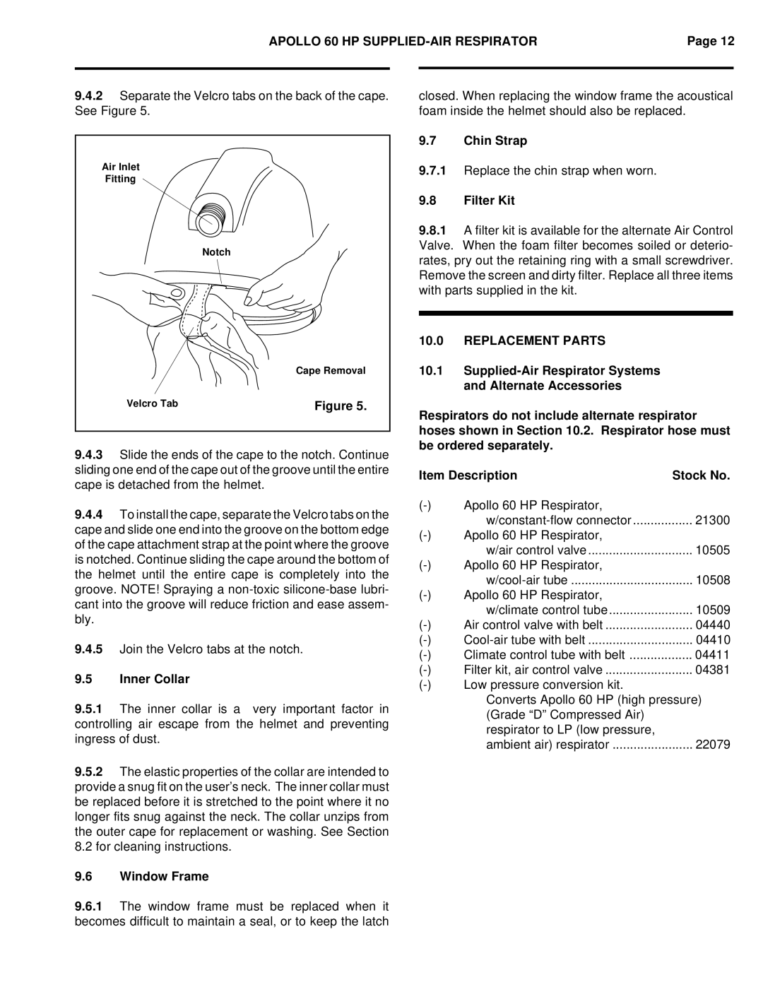 HP Clemco 60, Clemco O.M. 10533 manual Window Frame, Chin Strap, Filter Kit, Replacement Parts 