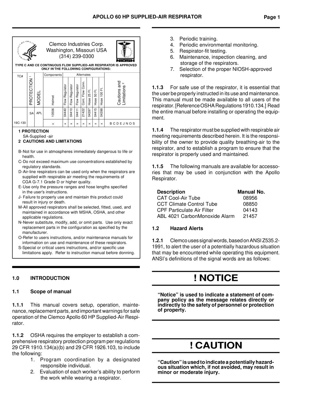 HP Clemco O.M. 10533, Clemco 60 Apollo 60 HP SUPPLIED-AIR Respirator, Introduction, Scope of manual, Description Manual No 
